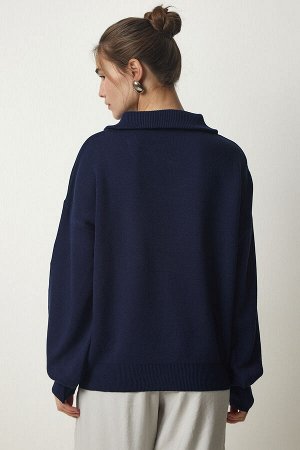Женский базовый трикотажный свитер темно-синего цвета с воротником-молнией PF00007