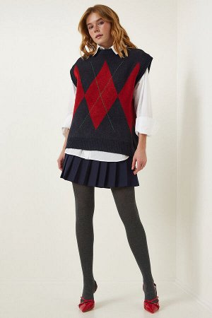 Женский трикотажный свитер темно-синего и красного цвета с ромбовидным узором FN03170
