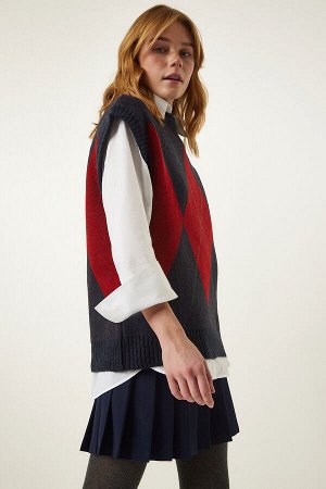 happinessistanbul Женский трикотажный свитер темно-синего и красного цвета с ромбовидным узором FN03170