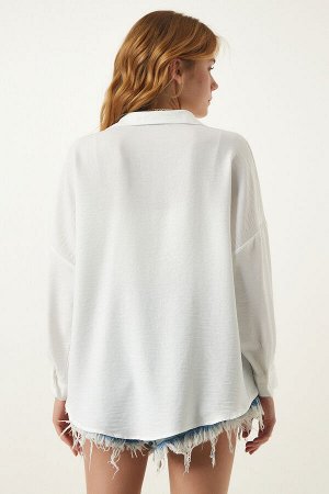 Женская льняная рубашка цвета экрю с кружевом TP00018