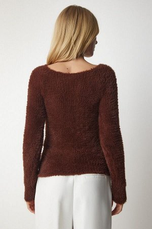 Женский коричневый вязаный свитер с вырезом «лодочка» и бородой NF00070