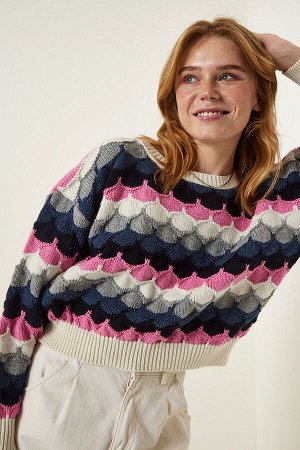 Кремово-розовый сезонный вязаный свитер с фактурной текстурой MW00135