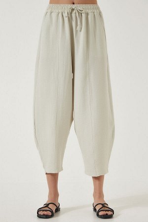 Женские легкие кремовые льняные вискозные брюки-шалвар с карманами CV00001