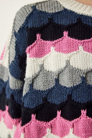 Кремово-розовый сезонный вязаный свитер с фактурной текстурой MW00135