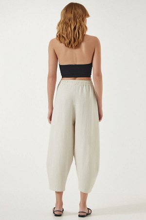 Женские легкие кремовые льняные вискозные брюки-шалвар с карманами CV00001