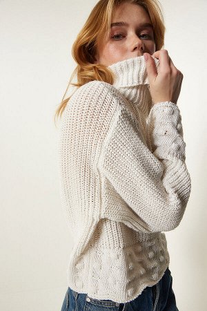 Женская кремовая водолазка с текстурированным сезонным трикотажным свитером MW00133