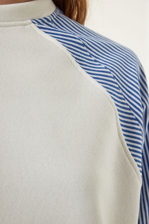 Экрю-синяя асимметричная рубашка Вязаный свитшот с детальной отделкой SF00015
