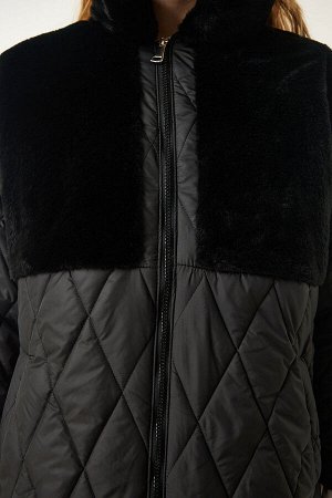 Черное стеганое пальто с меховой отделкой DD01289