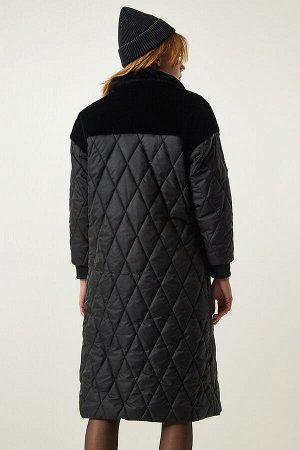 Черное стеганое пальто с меховой отделкой DD01289