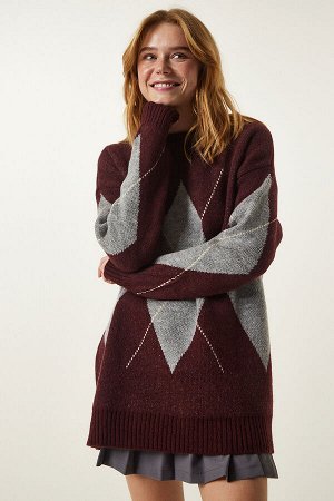 happinessistanbul Бордовый серый вязаный свитер премиум-класса большого размера с ромбовидным узором FN03163