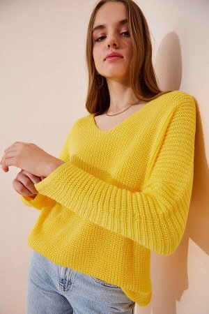 Желтый женский вязаный свитер оверсайз с v-образным вырезом Салоники ZA00059