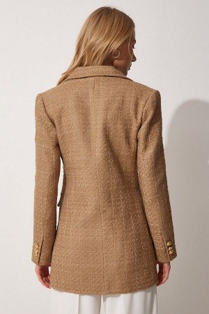 Женский твидовый пиджак на пуговицах темного бисквитного цвета WF00004