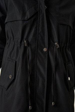 Женская черная шуба с капюшоном DD01292