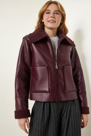 Женская куртка из искусственной кожи сливового цвета с меховым воротником и широкими карманами TP00027