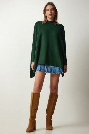 Женский свитер-пончо большого размера изумрудно-зеленого цвета с боковыми разрезами YY00005