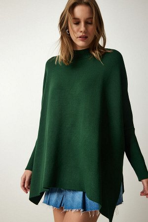 Женский свитер-пончо большого размера изумрудно-зеленого цвета с боковыми разрезами YY00005