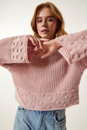 Женская пудровая водолазка с текстурированным сезонным трикотажным свитером MW00133
