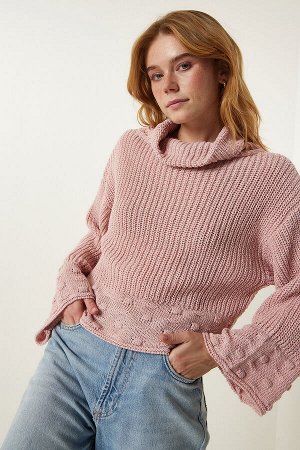 Женская пудровая водолазка с текстурированным сезонным трикотажным свитером MW00133