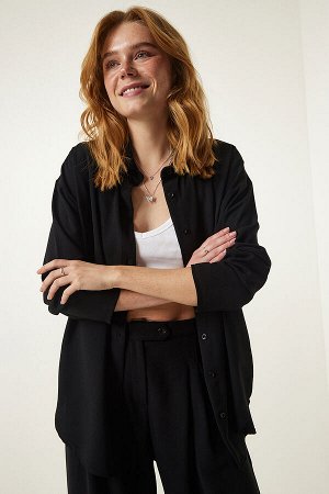 Женская черная тканая рубашка оверсайз, костюм-палаццо UL00014