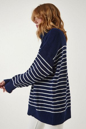 Женский свитер оверсайз темно-синего цвета с высоким воротником на молнии и в полоску YY00077