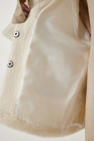 happinessistanbul Женская кремовая куртка с бородой премиум-класса и карманами FN03171