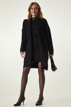 Женское черное трикотажное платье с карманами, костюм-кардиган YY00194