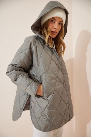 Женское серое стеганое пальто оверсайз с капюшоном FN02905