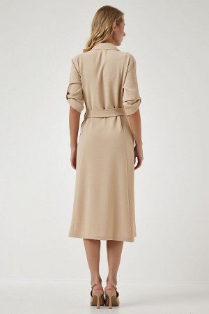 Женское темно-бежевое платье-рубашка с поясом DD01256