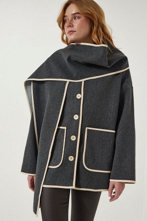 Женский шарф антрацитового цвета, куртка оверсайз с широкими карманами и кешью FN03175