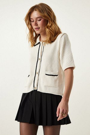Женская кремовая сезонная трикотажная блузка с карманами и воротником-поло DP00198