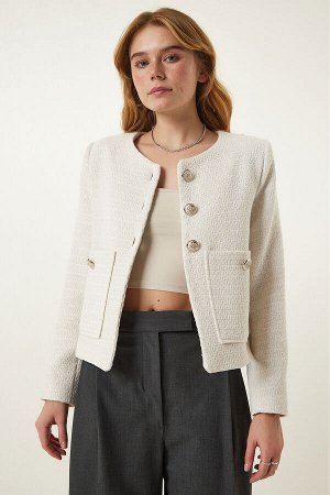 Женская кремовая стильная тканая куртка с широкими карманами OH00055