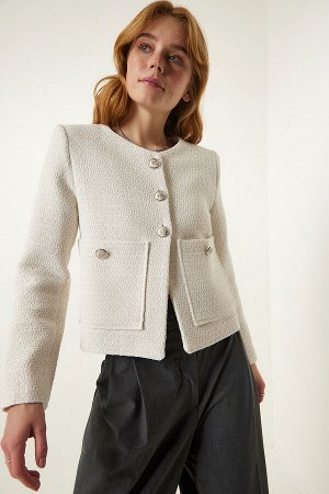 Женская кремовая стильная тканая куртка с широкими карманами OH00055