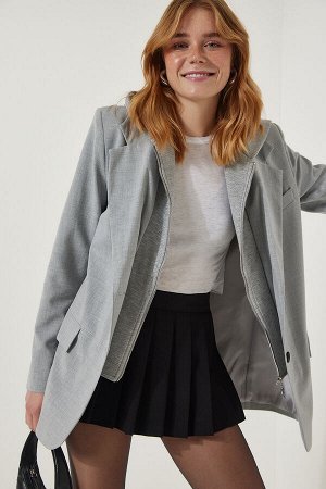 Женский светло-серый тканый пиджак с капюшоном и детальной отделкой FN03174