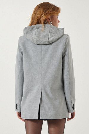 Женский светло-серый тканый пиджак с капюшоном и детальной отделкой FN03174