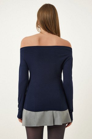 Женская темно-синяя трикотажная блузка с вырезом «лодочка» RX00046