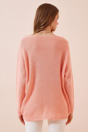 Женский светло-розовый вязаный свитер с v-образным вырезом Selanik Oversize ZA00059