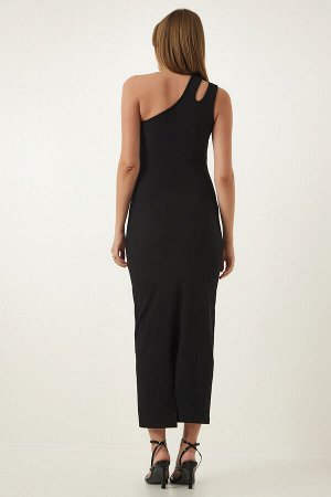 Женское черное трикотажное платье саран с разрезом на одно плечо UB00228