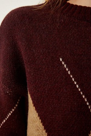 Женский бордовый бисквитный свитер оверсайз с ромбовидным узором премиум-класса FN03163