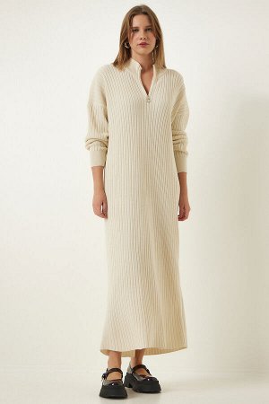 Женское кремовое длинное трикотажное платье в рубчик с воротником-молнией DD01295