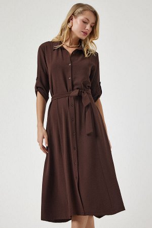 happinessistanbul Женское коричневое платье-рубашка с поясом DD01256
