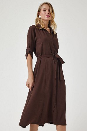 happinessistanbul Женское коричневое платье-рубашка с поясом DD01256