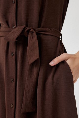 Женское коричневое платье-рубашка с поясом DD01256