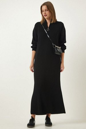 Женское черное длинное трикотажное платье в рубчик с воротником-молнией DD01295