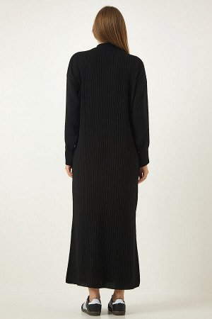 Женское черное длинное трикотажное платье в рубчик с воротником-молнией DD01295