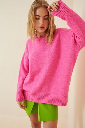 Женский розовый вязаный свитер оверсайз PN00054