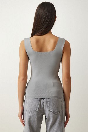 Женская серая трикотажная укороченная блузка с квадратным воротником US00358