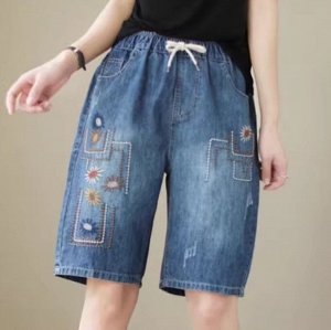 Женские джинсовые шорты с высокой посадкой и эластичным поясом, свободного кроя, с вышитым принтом, синий