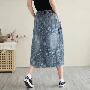 Женская джинсовая юбка-трапеция с высокой посадкой и эластичным поясом, с накладными карманами, с принтом, темно-синий