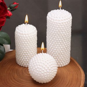 Набор свечей фигурных "жемчужный" (4 в 1), с подсвечником, цилиндры, шар, белый (в коробке)