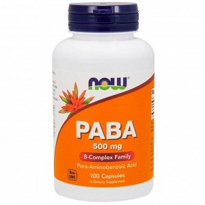 Paba Now Foods, PABA, 500 мг, 100 капсул. Витамины группы B.
PABA (пара-аминобензойная кислота) содержится в таких продуктах, как зерновые, яйца, молоко и мясо. Она является прекурсором фолиевой кисло